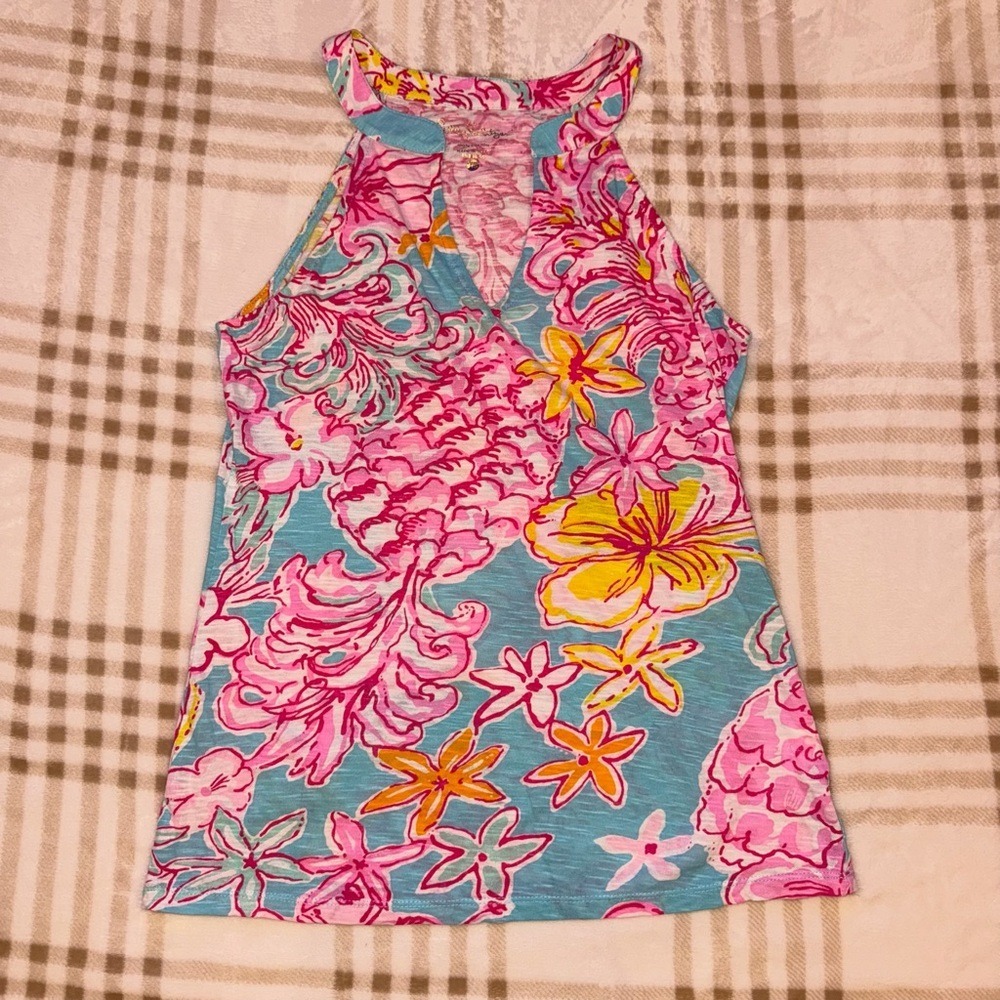 Lilly Pulitzer Womens XS Pink Blue Floral Cotton Slub Halter Keyhole Tank Top